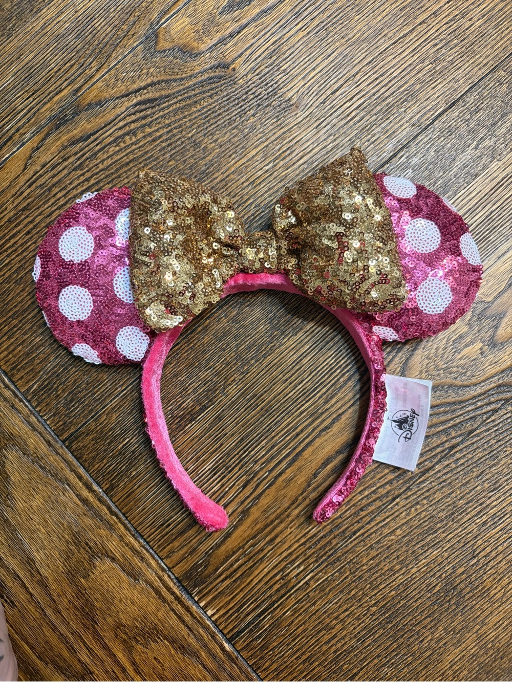 Disney Ears - Pink Polka Sequin Minnie Headband with Gold Sequin Bow